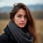 Qışda qar fonunda isti parka və şərfdə olan gülərüz qadın.
